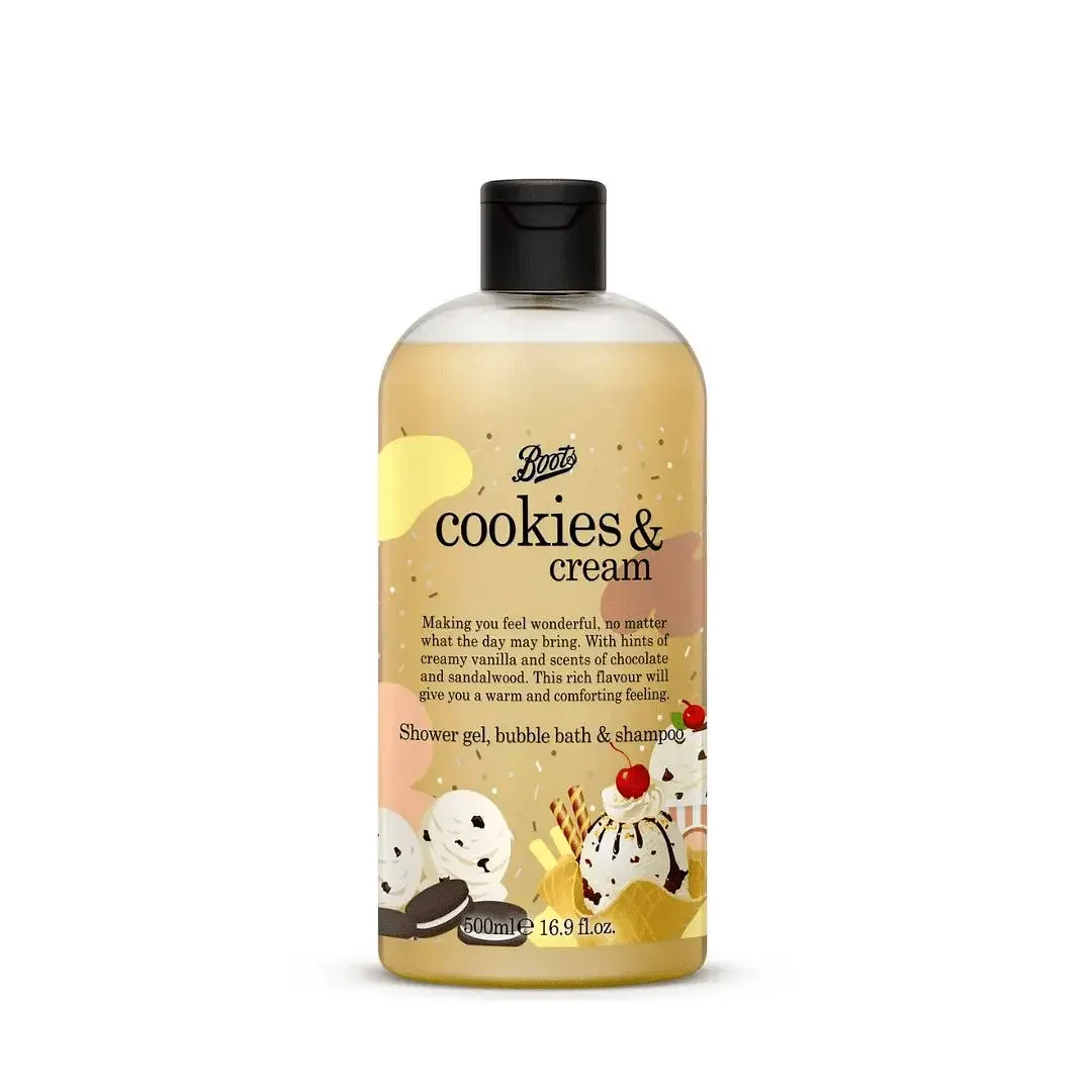 Boots Cookies & Cream Shower Gel, Bubble Bath & Shampoo 500ml