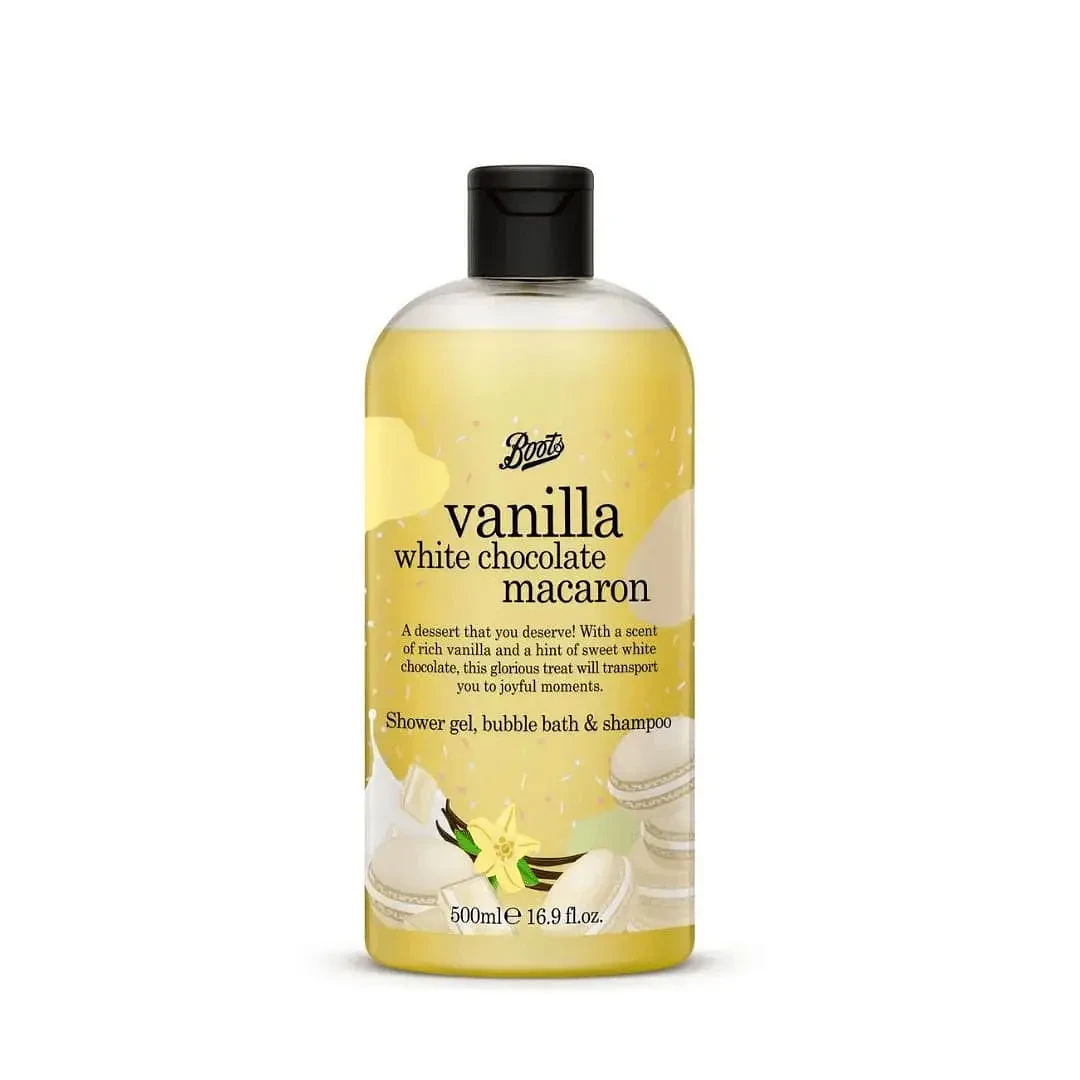 Boots Vanilla White Chocolate Macaron Shower Gel, Bubble Bath & Shampoo 500ml