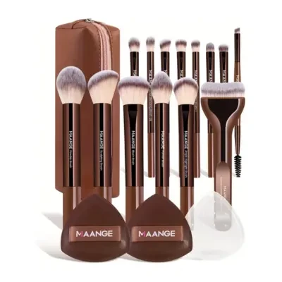 MAANGE 14pcs Makeup Brushes + 2pcs Air Cushion Makeup Puffs with Makeup Bag Set - Coffee