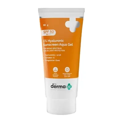 The Derma Co 1% Hyaluronic Sunscreen Aqua Ultra Light Gel with SPF 50 PA++++ For Broad Spectrum, UVA, UVB & Blue Light Protection 80g